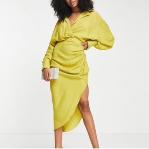 NWT! ASOS EDITION textured drape midi shirt dress with tie detail in chartreuse